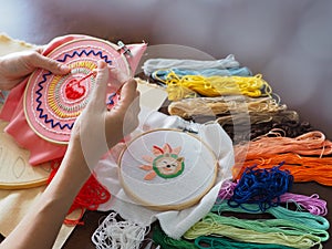 Artist home living space woman leisure hobby hand craft embroidery mandala spiritual mental health healing mind pattern handmade