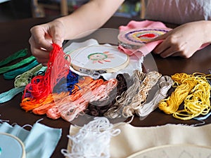 Artist home living space woman leisure hobby hand craft embroidery mandala spiritual mental health healing mind pattern handmade