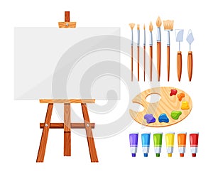 An Artist Items Set Includes Brushes, Knives, Paints, Canvas, Palette, And Easel, Serving As The Essential Tools