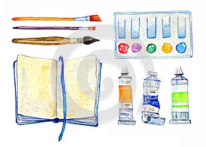 Artist materials - notepad, paintbrushes, palette and tubes. Hand drawn sketch watercolor illustration set