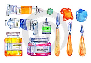 Artist materials - palette knives and paint tubes. Hand drawn sketch watercolor illustration set