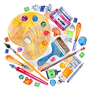 Artist materials in round composition- palette, palette knives, brushes, pens and tubes. Hand drawn sketch watercolor illustration