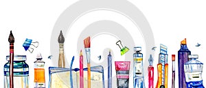 Artist materials in a row - paintbrushes, pens, stationery, paint tubes. Hand drawn watercolor illustration