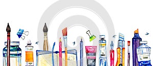 Artist materials in a row - paintbrushes, pens, stationery, paint tubes. Hand drawn watercolor illustration photo