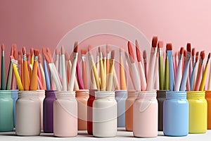Artist paint brushes and watercolor paint cans, ai generated