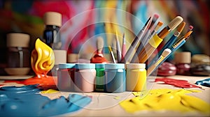 Artist paint brushes and watercolor paint cans, ai generated
