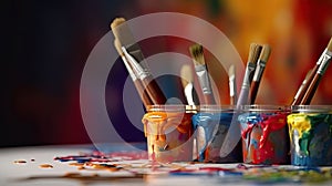 Artist paint brushes and watercolor paint cans, ai generated