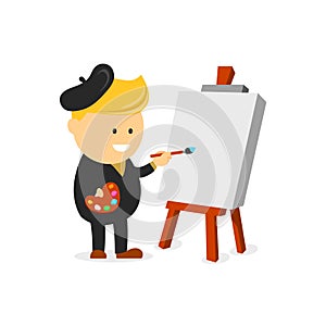 Artist painter vector cartoon flat design character illustration. Artist painter at work easel palette flat concept vector