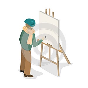 Artist painter at work easel flat 3d web isometric infographic concept template.