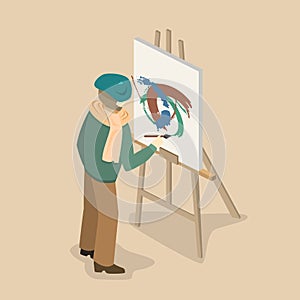 Artist painter at work easel flat 3d web isometric infographic concept template.