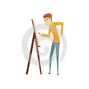 Artist painting on canvas standing near easel, talented male painter character, creative artistic hobby or profession