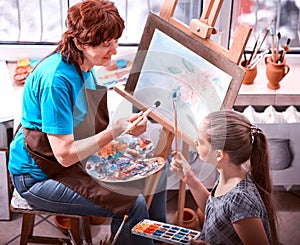 Artist painting easel in studio. Authentic grandmother and kids.