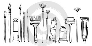 Artist painting materials. Hand drawn stylized sketch vector illustration. Brushes and paint tubes photo