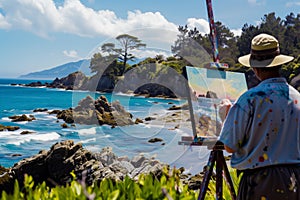 artist painting a seascape of a picturesque beach cove