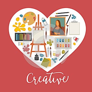 Artist painting tools and artistic materials icons set in heart shape.