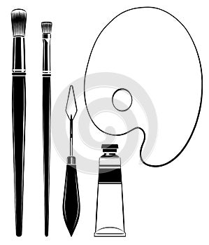 Artist painting tools set. Brush, palette, knife and paint tube