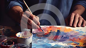 Artist paints a picture of oil paints. Hand of artist holding a brush. Hand painting concept