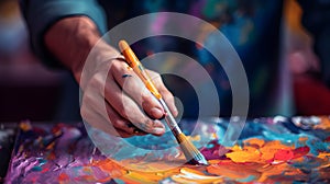 Artist paints a picture of oil paints. Hand of artist holding a brush. Hand painting concept