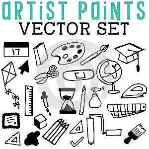 Artist Paints Vector Set with paint, brushes, graduation caps, scissors, kites, calendars, books, irons, and pencils.