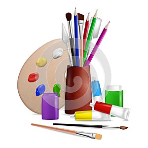 Artist palette with art tools and supplies, vector illustration