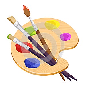 artist palette with three long different brushes inside on white photo