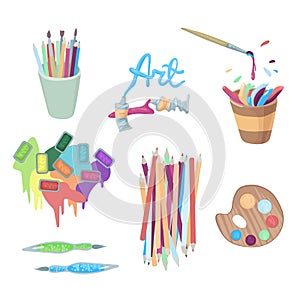 The artist s accessories - paints in cuvettes and tubes, splashes and drops of paints, platra and pencils. Vector