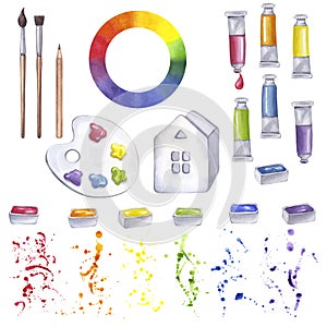 Artist's art supplies kit palette brushes paint colors pencil. Watercolor oil acrylic tempera gouache. Liquid