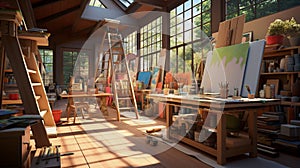 An artist\'s atelier, sunlit and spacious.