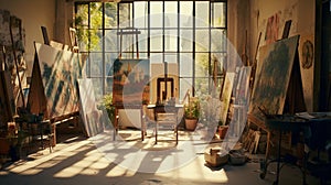 An artist\'s atelier, sunlit and spacious, canvases in varying stages.