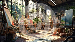 An artist\'s atelier, sunlit and spacious, canvases in varying stages of completion.