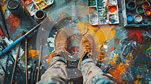 Artist's Colorful Paint-Splattered Boots.AI generated image photo