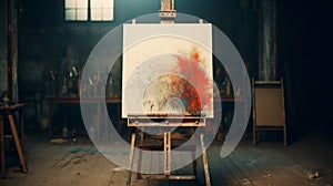 Artist's easel with a painting in art studio. Concept of art creation, artistic workspace, inspiration, and painting