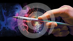 An artist\'s hand holding a stylus, illustrating the precision and creativity involved in digital graphic design photo