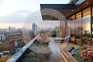 an artist s impression of a rooftop terrace with a view of the city