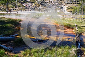 Artist`s Paint Pots and Blood Geyser in summer, Yellowstone National Park Wyoming