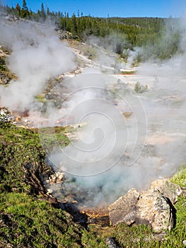 Artist`s Paint Pots and Blood Geyser in summer, Yellowstone National Park Wyoming