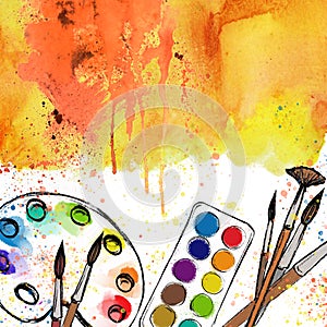 Artist`s palette, brushes and watercolor. colorful hand drawn watercolor illustration, template for text