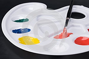 Artist`s palette with colorful paints close up