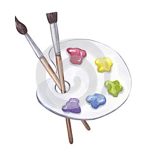 Artist's palette with paints. Paintbrushes for coloring, flat and cone. Art accessories. Painter's tool