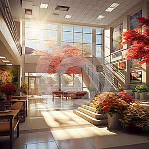 an artist's rendering of a hotel lobby, with stairs and flower garden