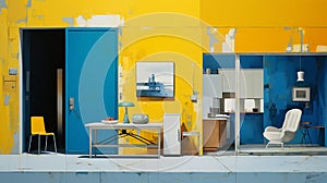 an artist\'s studio with an abstract interior, where a yellow door stands out as a beacon of inspiration