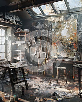An artist\'s studio, chaotic and dirty, undergoing a transformation with a thorough wash, brush