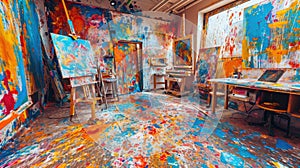 An artist's studio in full creative chaos, paint splattered. Resplendent.