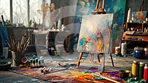 An artist's studio in full creative chaos, paint splattered. Resplendent.