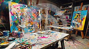 An artist's studio in full creative chaos, paint splattered. Resplendent.