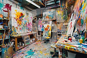 An artist's studio in full creative chaos, paint splattered. Resplendent.