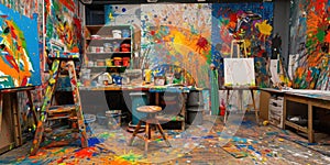 An artist's studio in full creative chaos, paint splattered. Resplendent.