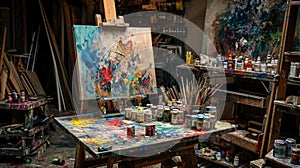 An artist's studio in full creative chaos, paint splattered. Resplendent.