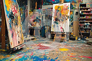 An artist's studio in full creative chaos, paint splattered. Resplendent.