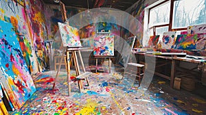 An artist's studio in full creative chaos, paint splattered. Resplendent.